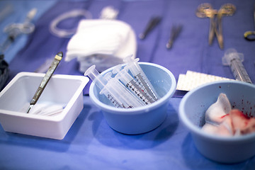 Image showing Sterile surgery instruments and tools are used during a real operation in the O.R. (operating room) (macro,14MP camera)