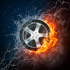 Image showing Car Wheel in Flame and Water