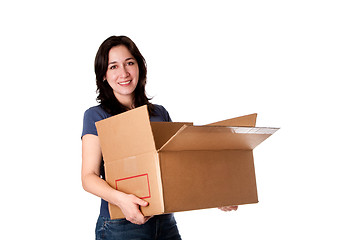 Image showing Woman carrying open moving storage box