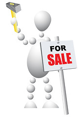 Image showing Man mounts a sign announcing the sale of