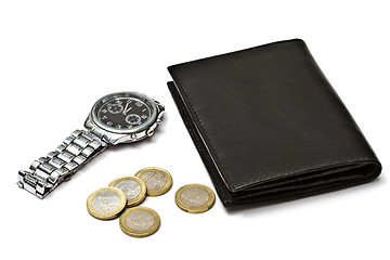 Image showing Black wallet,watch and coins