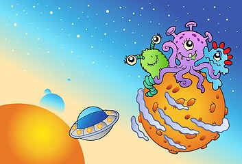 Image showing Spacescape with three cute aliens