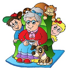 Image showing Cartoon grandma with two kids