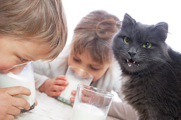 Image showing children and cat drinking milk