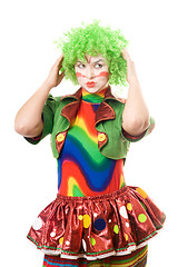 Image showing Portrait of pensive female clown