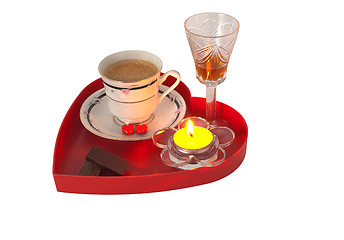 Image showing Romantic breakfast with chocolate and liqueur on red heart shaped tray