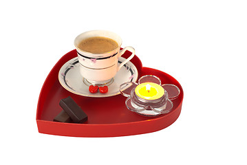 Image showing Romantic breakfast with chocolate on red heart shaped tray with candle