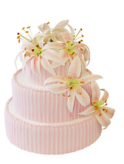 Image showing Three Tiered Iced Cake with Icing Orchid Decoration 
