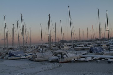 Image showing Winter harbour at sunrise