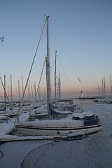 Image showing Winter harbour at sunrise