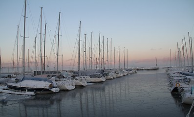 Image showing Winter harbour at sunrise