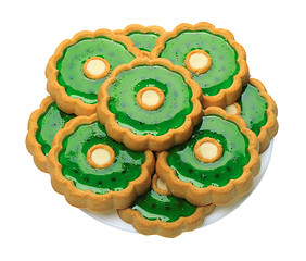 Image showing Cookies with green jelly on white plate, isolated