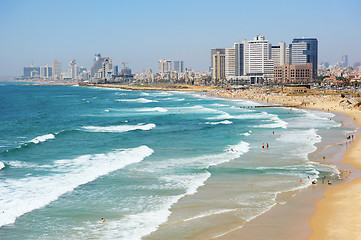 Image showing Sea coast and the view of Tel Aviv at the evening