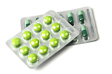 Image showing Green pills and capsules 