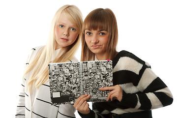 Image showing Portrait two beautiful girls in striped cloth