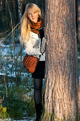 Image showing Blonde peers out for stem tree in autumn wood