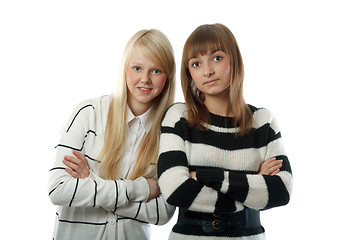 Image showing Portrait two beautiful girls in striped cloth