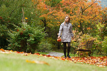 Image showing Beautiful girl goes on autumn park