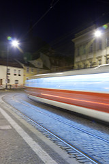 Image showing Streetcar at night blurred in Prague