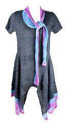 Image showing Knitted feminine gown with blue and red scarf on white backgroun