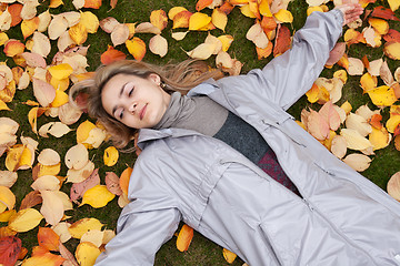 Image showing Beautiful girl rests upon autumn sheet