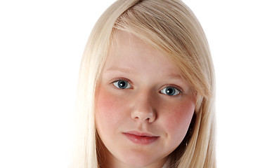 Image showing Portrait of the young beautiful blonde insulated on white backgr