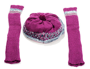 Image showing Violet knitted winter hat and sleeve covers