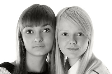 Image showing Portrait two girls of the blonde and brunettes monochrome