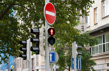 Image showing Sign prohibits travel and traffic lights