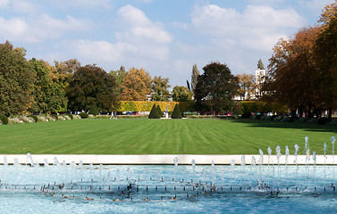 Image showing Park fountains, green fields