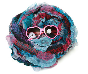 Image showing Varicoloured scarf is put around with spectacles