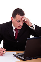 Image showing businessman  surprised and worried looking to computer
