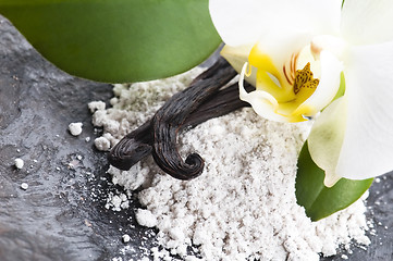 Image showing vanilla beans with aromatic sugar and flower