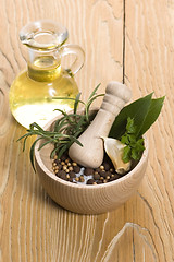 Image showing Mortar and pestle, with fresh-picked herbs