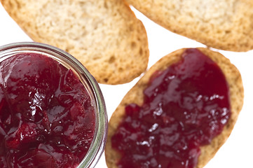 Image showing Breakfast of cherry jam on toast