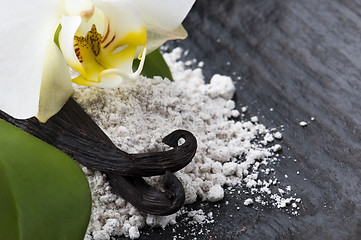 Image showing vanilla beans with aromatic sugar and flower