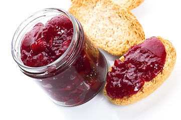 Image showing Breakfast of cherry jam on toast