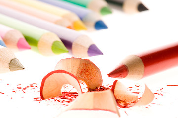 Image showing Sharpened pencils and wood shavings