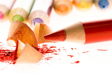 Image showing Sharpened pencils and wood shavings