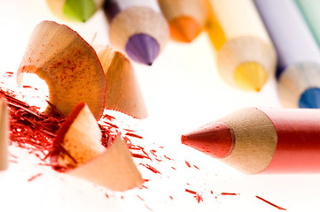 Image showing Sharpened pencils and wood shavings