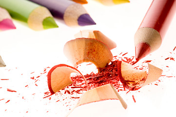 Image showing Sharpened pencils and wood shavings