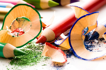 Image showing Sharpened pencils and wood shavings