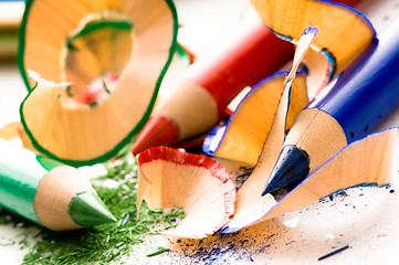 Image showing Sharpened pencils and wood shavings