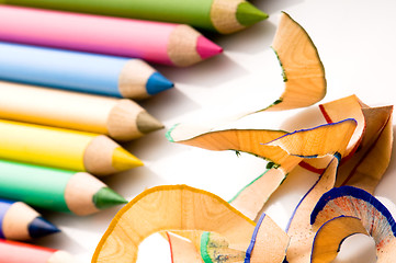 Image showing Sharpened pencils and wood shavings