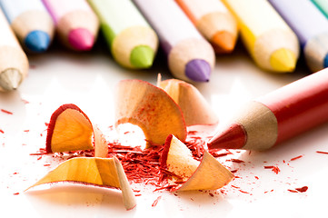 Image showing Sharpened pencils and wood shavings