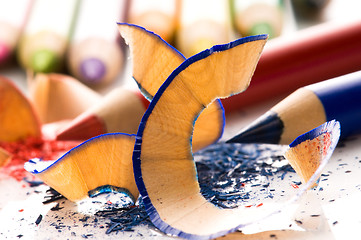 Image showing Sharpened pencils and wood shavings