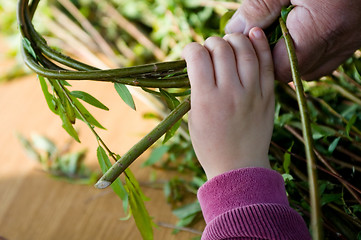 Image showing Man teaching child making a wicker basket