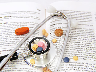 Image showing Stethoscope & Drugs on medical book