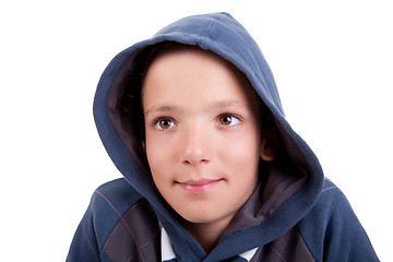 Image showing cute boy with hood smiling