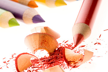 Image showing Sharpened pencils and wood shavings